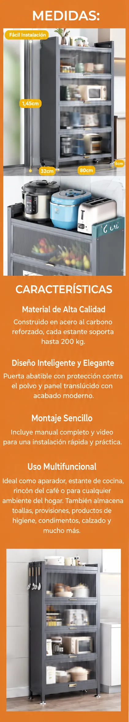Medidas y características: 145 × 80 × 32 cm, acero al carbono reforzado (200 kg por estante), puerta abatible antipolvo, montaje sencillo y uso multifuncional